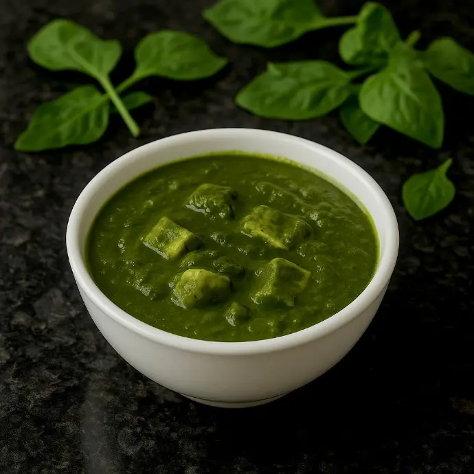Malai-laced palak paneer in a bowl, topped with kasuri methi and served as a comforting vegetarian Indian dish.