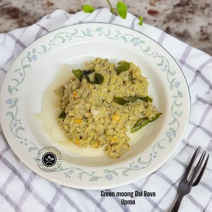 Green moong dal rice rava upma cooked to perfection, showing light texture and simple South Indian flavors.