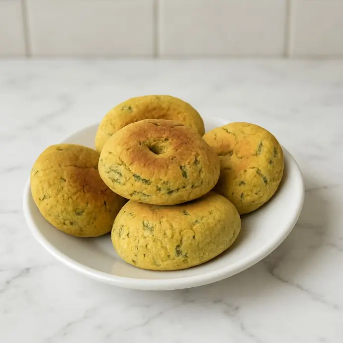 Chickpea bagels prepared with fresh greens and baked until crispy outside and soft inside, ideal for healthy meals or snacks.