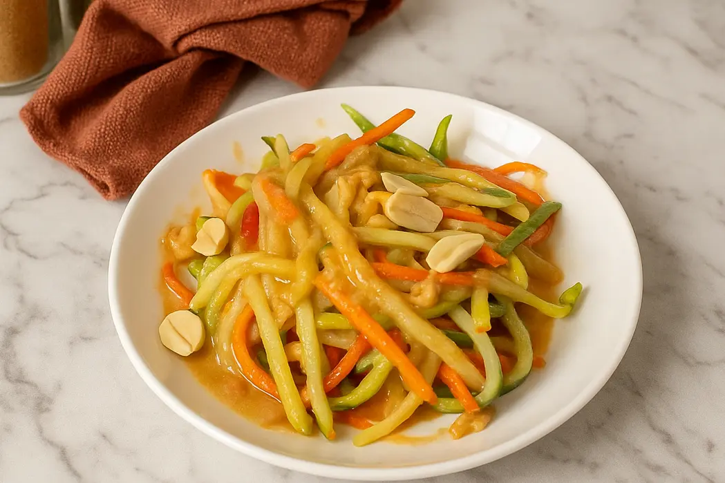 Chilled veggie slaw with spicy dressing and peanuts Thin, evenly sliced veggie strips using a mandoline for a crisp and refreshing slaw salad, perfect for a light meal.
