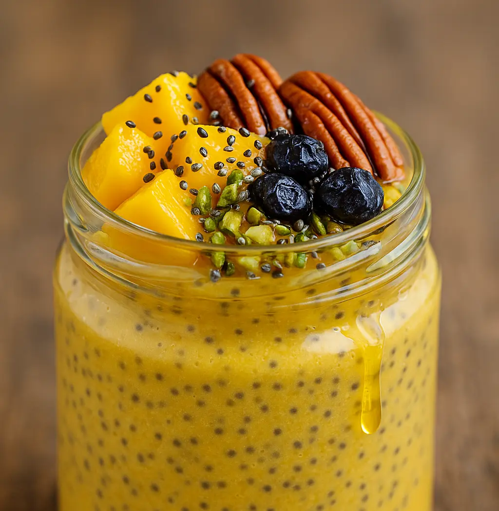 Healthy Chia Mango Pudding with Crunchy Toppings Chilled mango chia pudding served in a jar, garnished with tropical fruits, crunchy nuts, and a sprinkle of chia seeds.