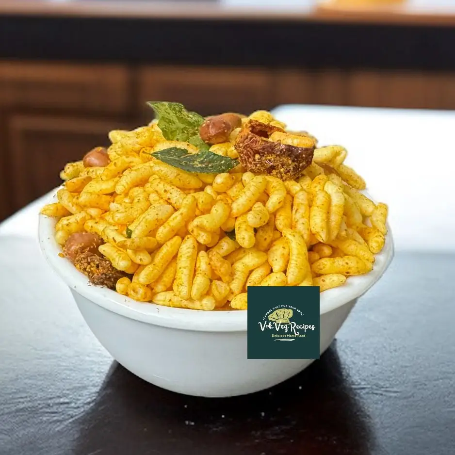 Spicy masala murmura mix with peanuts, garlic, red chillies, and curry leaves served as a crispy tea-time snack.