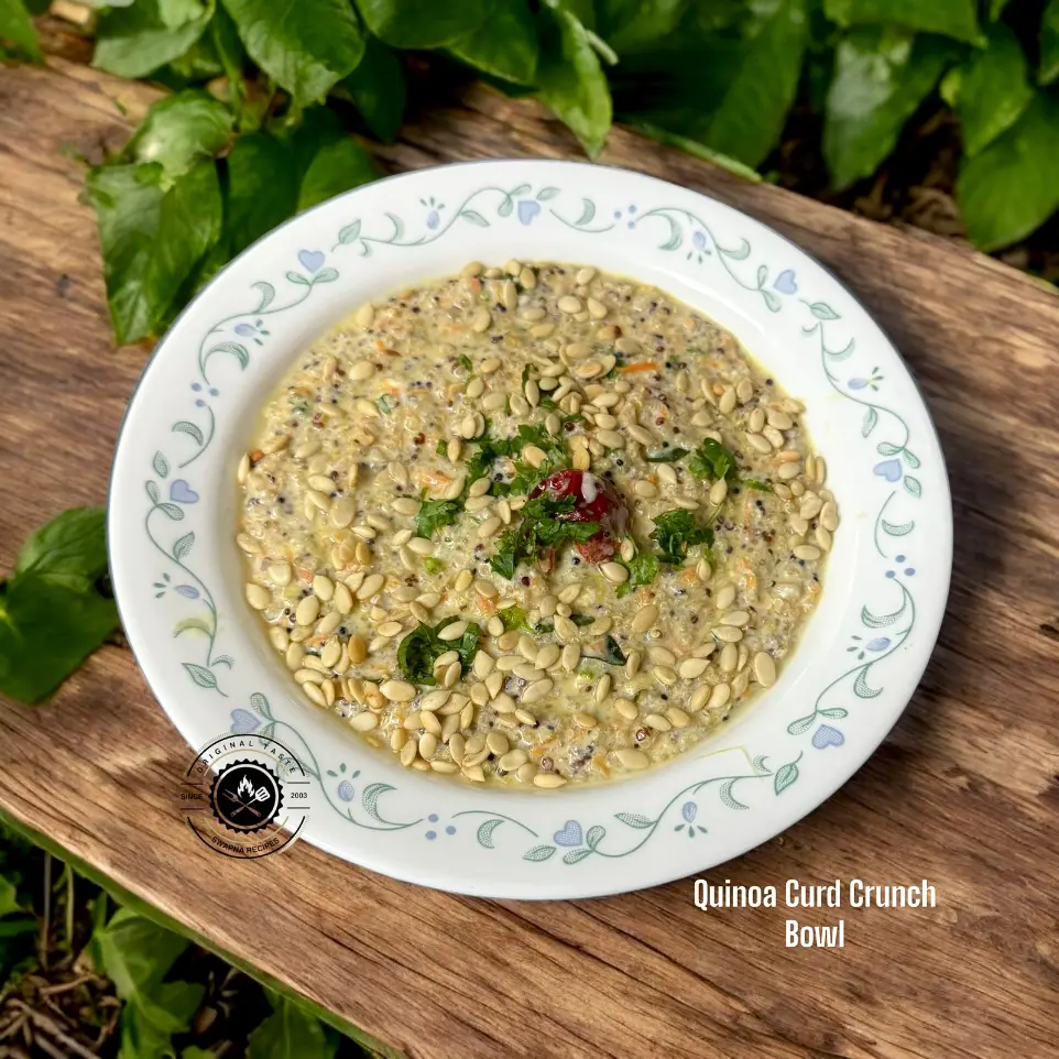 Quinoa Curd Bowl with Crunchy Tadka & Spices High-protein quinoa curd bowl with crunchy toppings and Indian tadka for a wholesome, cooling and nourishing summer meal.
