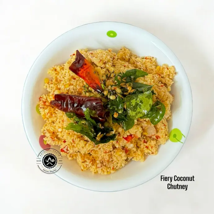 Fiery coconut chutney with roasted red chillies and tempering, perfect side for dosa or rice with bold flavors