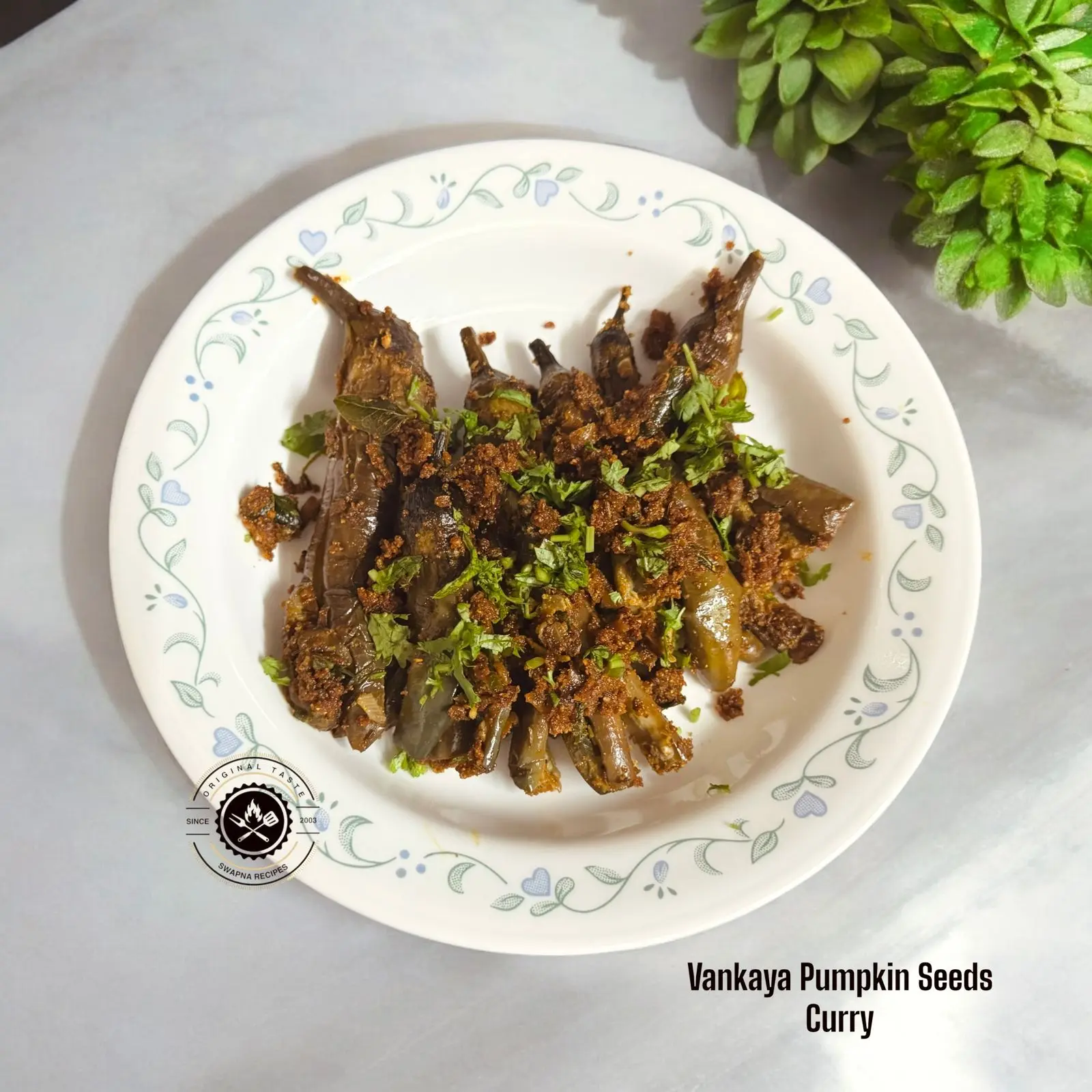 Brinjal curry cooked with roasted pumpkin seed masala and Indian spices, garnished with coriander for a wholesome and flavorful meal.
