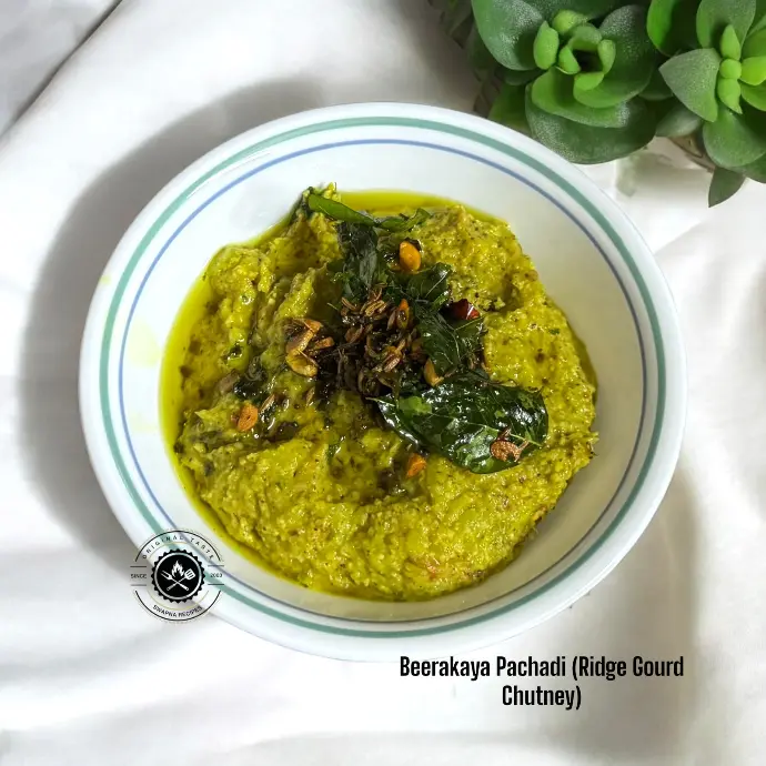 Flavorful Beerakaya Pachadi blended with lentils and tempered with aromatic garlic and curry leaves—perfect accompaniment to any Indian thali.