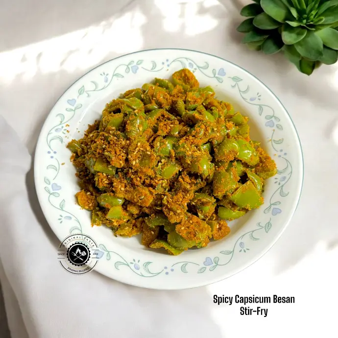 Quick Indian Capsicum Stir-Fry with Gram Flour Tangy and spicy capsicum sabzi with besan and sesame – a simple, healthy stir-fry dish perfect for quick meals.